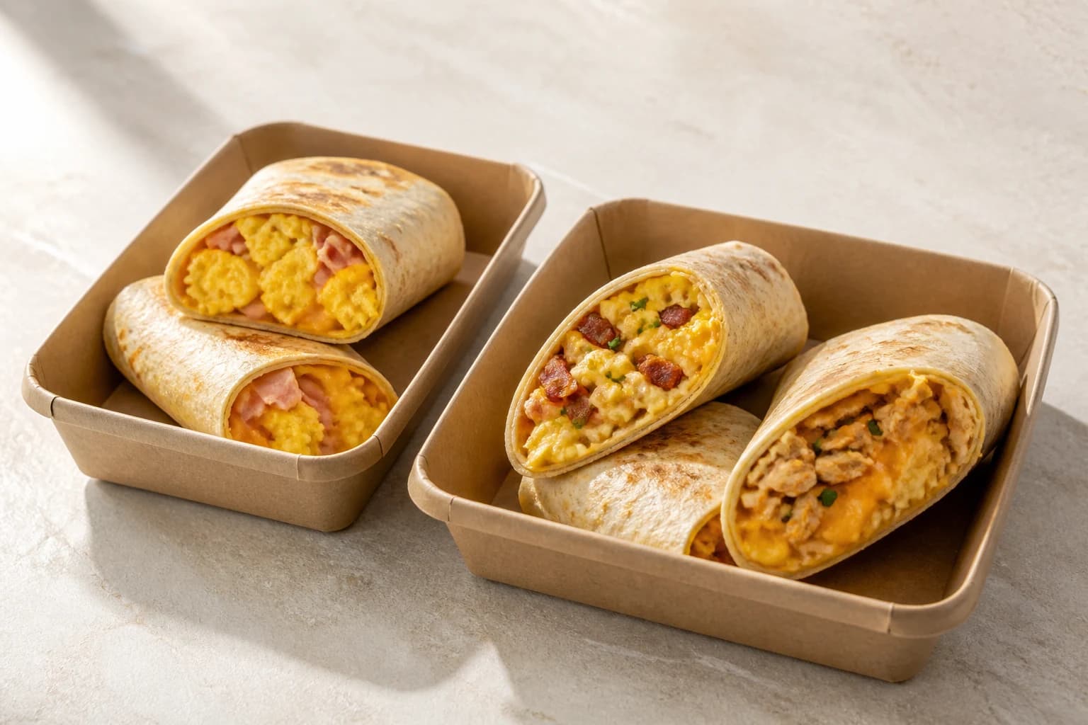 Illustrative arrangement of baked ham, egg, and chicken EasyEats breakfast wraps in kraft trays
