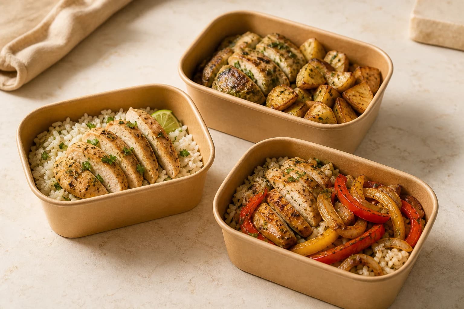 Illustrative arrangement of coconut-lime chicken, pesto chicken with potatoes, and a chicken fajita rice bowl in kraft trays