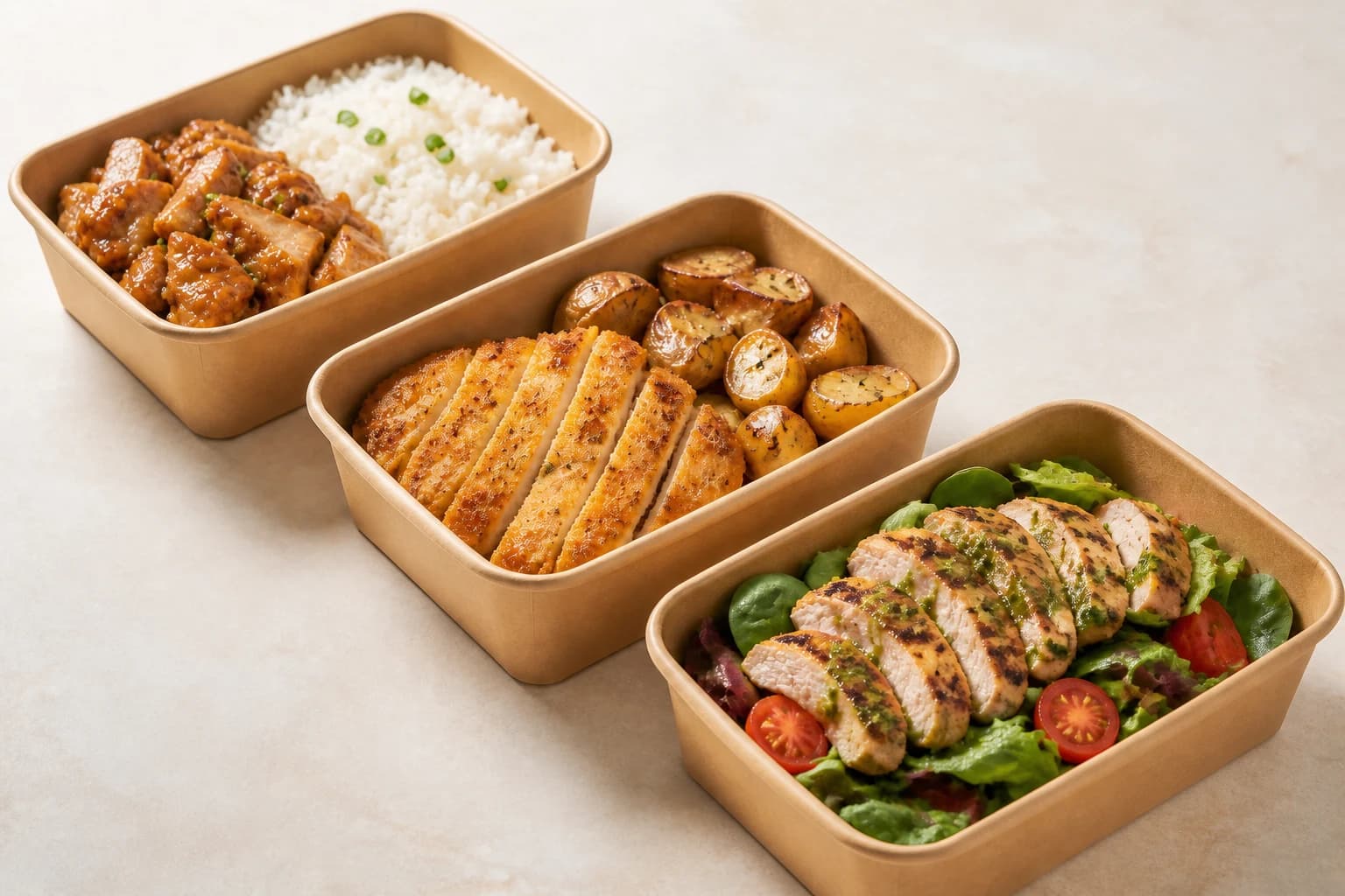 Illustrative arrangement of honey-garlic chicken, chicken cutlets with potatoes, and grilled chicken salad in kraft trays